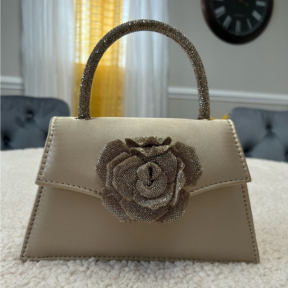 Sophisticated Beige Mini Bag with Glittering Rose